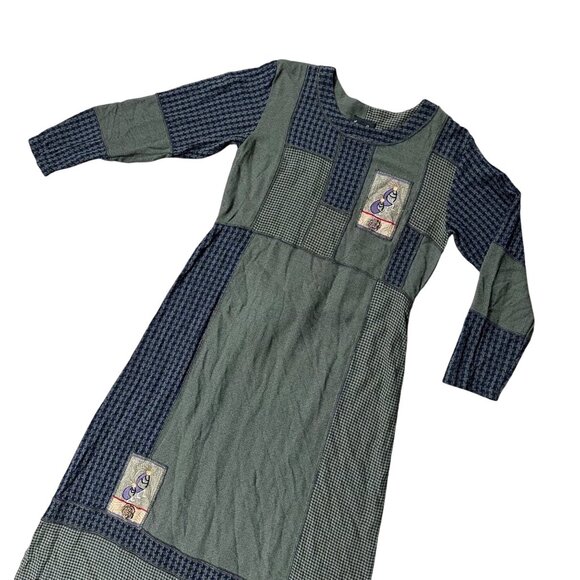 Vintage Dress Green Blue Boho 1990s Alexandra Pierce Patchwork Kokopelli Medium - Picture 1 of 8